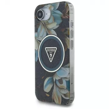 Guess IML Metal Glitter Flowers Triangle MagSafe Case für Apple iPhone 16e (Schwarz)