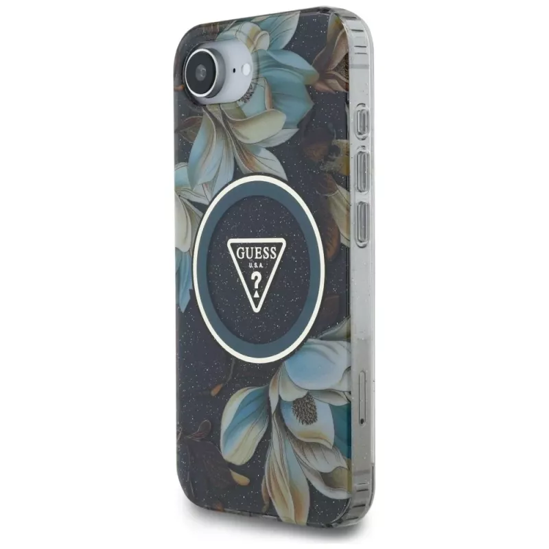 Guess IML Metal Glitter Flowers Triangle MagSafe Case für Apple iPhone 16e (Schwarz)
