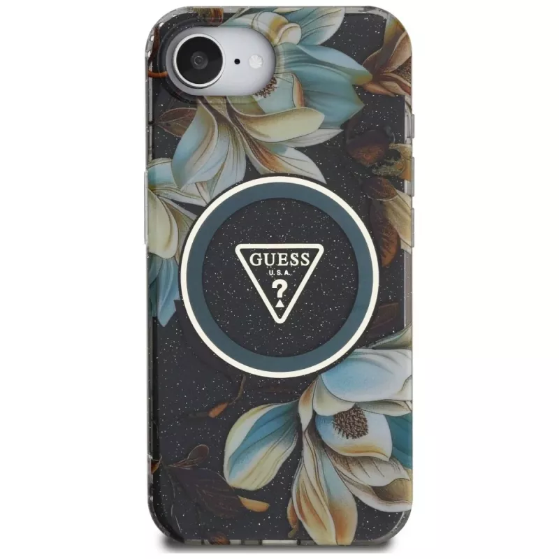 Guess IML Metal Glitter Flowers Triangle MagSafe Case für Apple iPhone 16e (Schwarz)