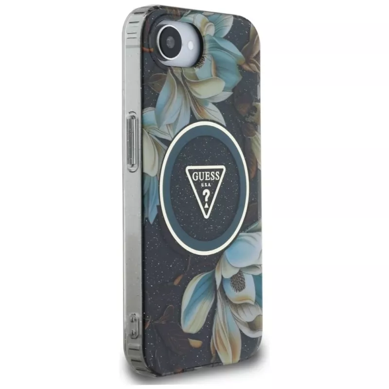 Guess IML Metal Glitter Flowers Triangle MagSafe Case für Apple iPhone 16e (Schwarz)