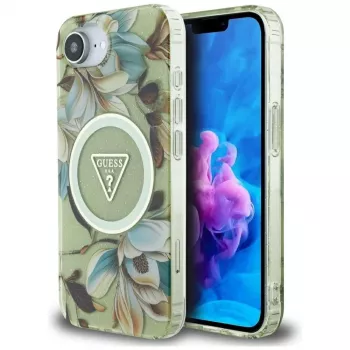 Guess IML Metal Glitter Flowers Triangle MagSafe Back Cover für Apple iPhone 16e, Grün