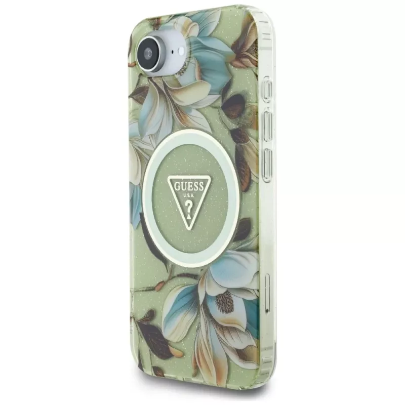 Guess IML Metal Glitter Flowers Triangle MagSafe Back Cover für Apple iPhone 16e, Grün