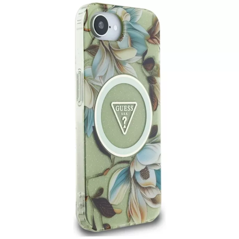 Guess IML Metal Glitter Flowers Triangle MagSafe Back Cover für Apple iPhone 16e, Grün