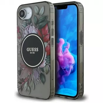 Guess IML Flowers MagSafe Case für iPhone 16e (Schwarz)
