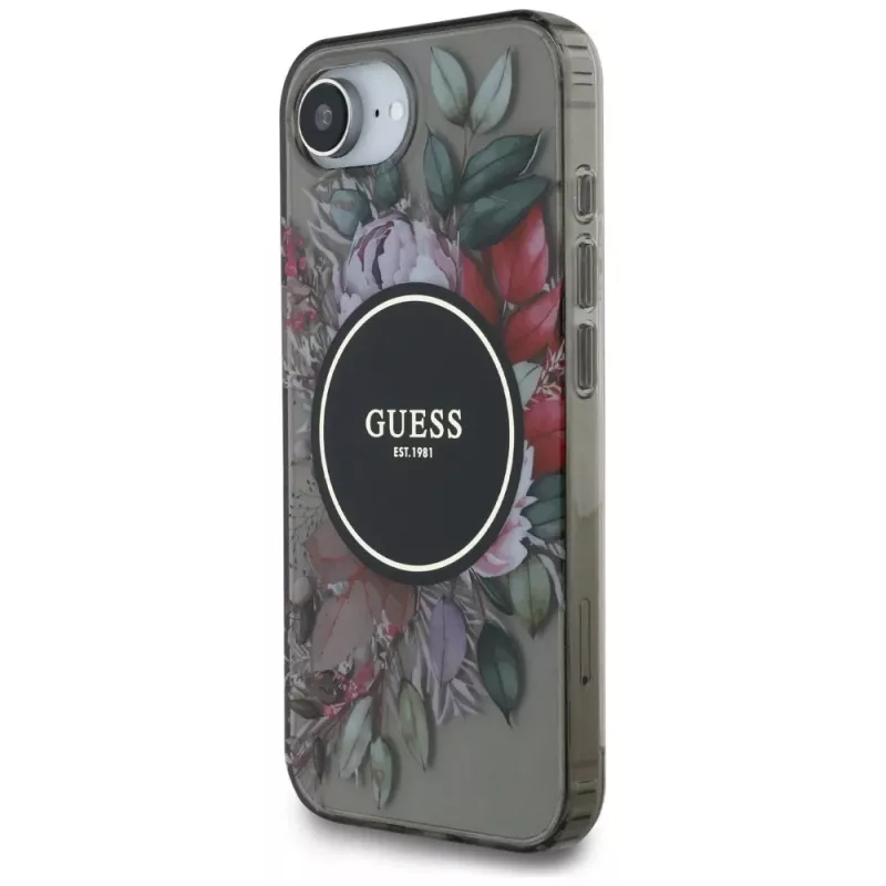 Guess IML Flowers MagSafe Case für iPhone 16e (Schwarz)