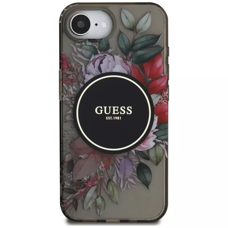 Guess IML Flowers MagSafe Case für iPhone 16e (Schwarz)