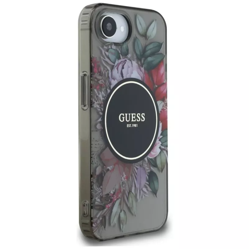 Guess IML Flowers MagSafe Case für iPhone 16e (Schwarz)