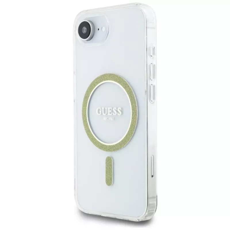 Guess IML Glitter Circle MagSafe Case für iPhone 16e (Transparent)