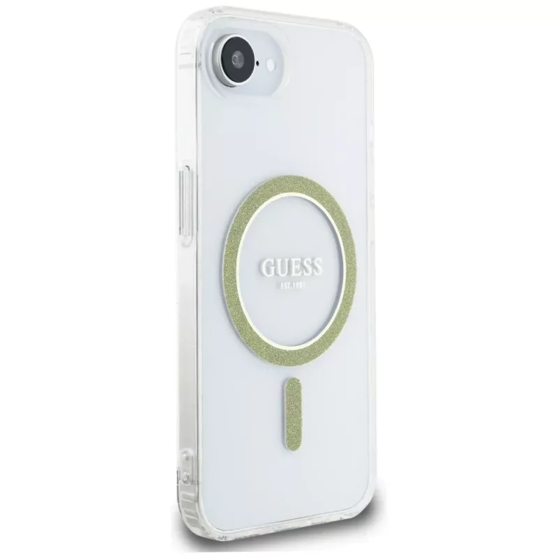 Guess IML Glitter Circle MagSafe Case für iPhone 16e (Transparent)