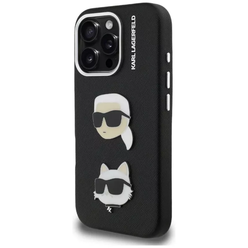KARL LAGERFELD FW Grained Karl & Choupette Heads Pins Case für iPhone 16 Pro, Schwarz