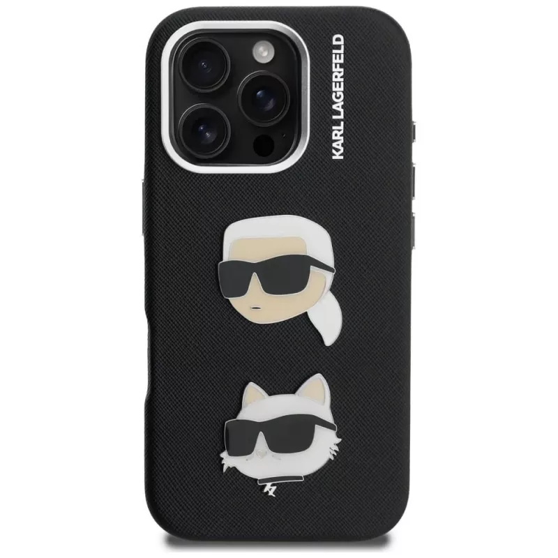 KARL LAGERFELD FW Grained Karl & Choupette Heads Pins Case für iPhone 16 Pro, Schwarz