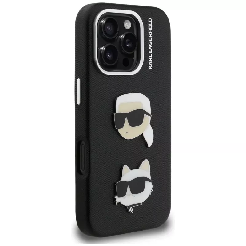 KARL LAGERFELD FW Grained Karl & Choupette Heads Pins Case für iPhone 16 Pro, Schwarz