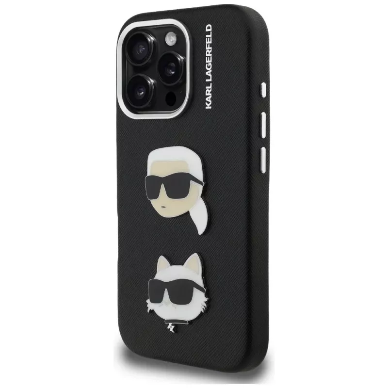 KARL LAGERFELD FW Grained Karl & Choupette Heads Pins Case für iPhone 16 Pro Max, Schwarz