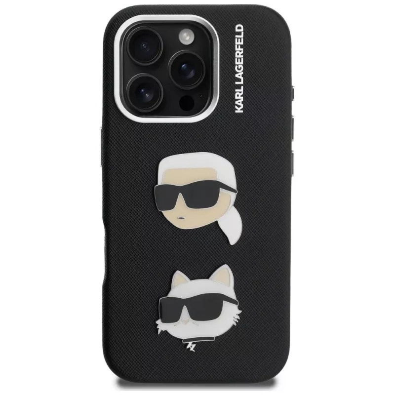 KARL LAGERFELD FW Grained Karl & Choupette Heads Pins Case für iPhone 16 Pro Max, Schwarz