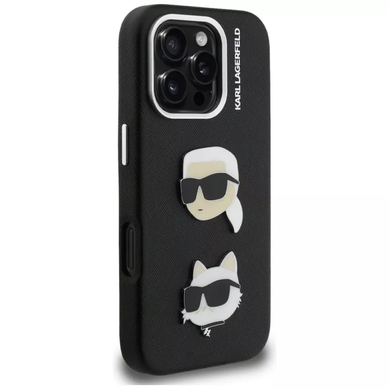 KARL LAGERFELD FW Grained Karl & Choupette Heads Pins Case für iPhone 16 Pro Max, Schwarz