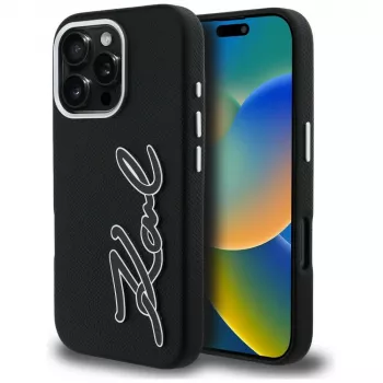 Karl Lagerfeld FW Grained Signature Logo Case für iPhone 16 Pro, Schwarz