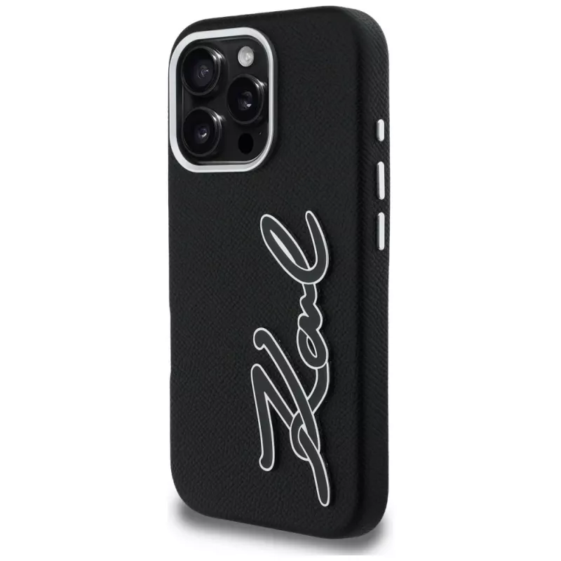 Karl Lagerfeld FW Grained Signature Logo Case für iPhone 16 Pro, Schwarz