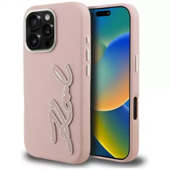 KARL LAGERFELD FW Grained Signature Logo Case für iPhone 16 Pro Max Pink