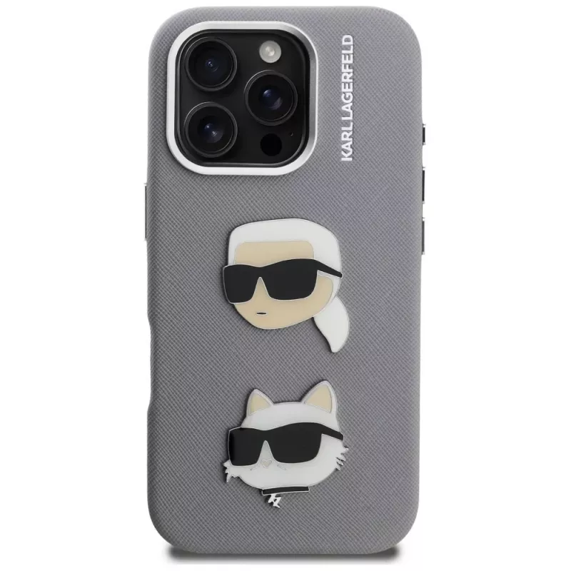 Karl Lagerfeld FW Grained Karl & Choupette Heads Pins Case für iPhone 16 Pro Grau