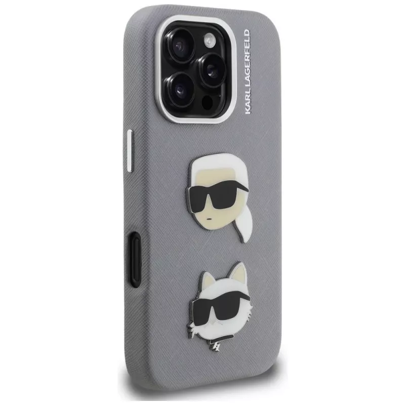 Karl Lagerfeld FW Grained Karl & Choupette Heads Pins Case für iPhone 16 Pro Grau