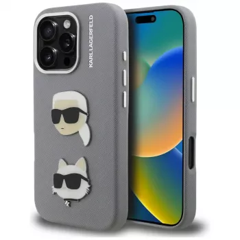 KARL LAGERFELD FW Grained Karl & Choupette Heads Pins Case für iPhone 16 Pro Max, Grau