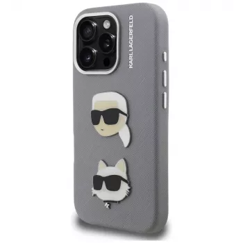 KARL LAGERFELD FW Grained Karl & Choupette Heads Pins Case für iPhone 16 Pro Max, Grau