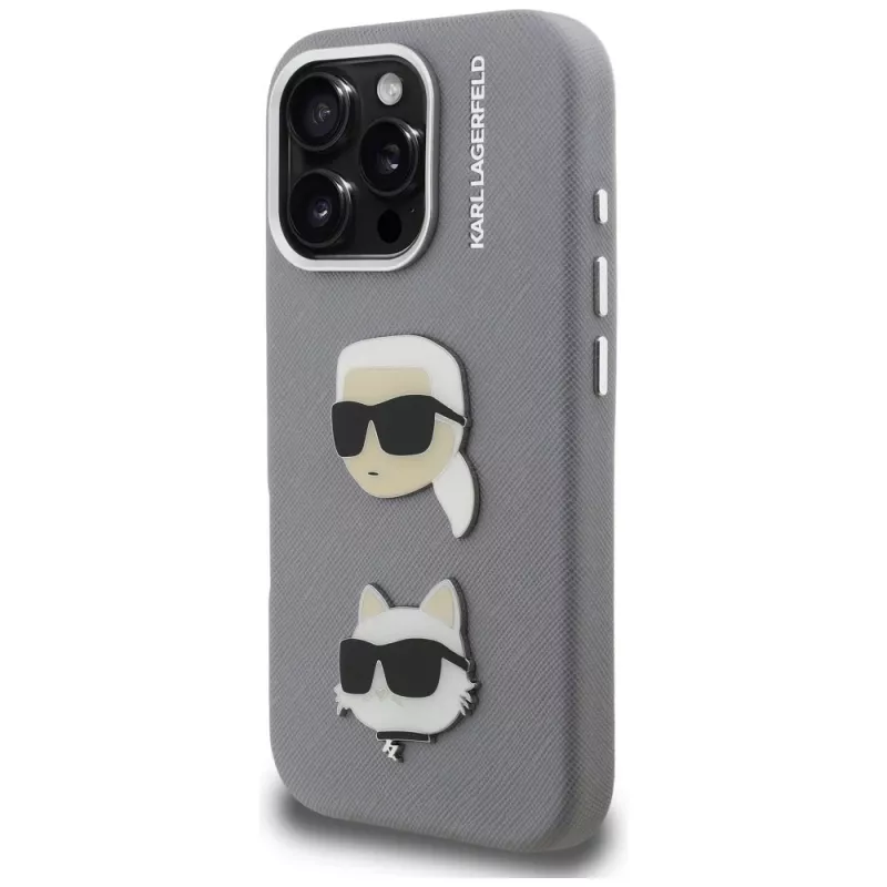 KARL LAGERFELD FW Grained Karl & Choupette Heads Pins Case für iPhone 16 Pro Max, Grau