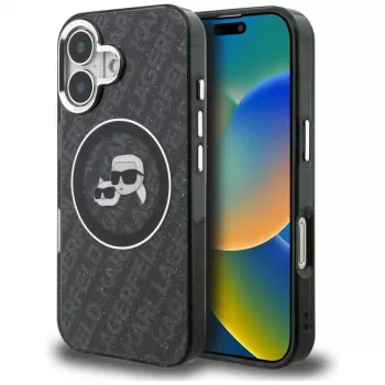 Karl Lagerfeld IML Glitter Karl & Choupette Heads Logo MagSafe Case für iPhone 16, Schwarz