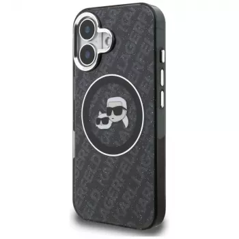 Karl Lagerfeld IML Glitter Karl & Choupette Heads Logo MagSafe Case für iPhone 16, Schwarz