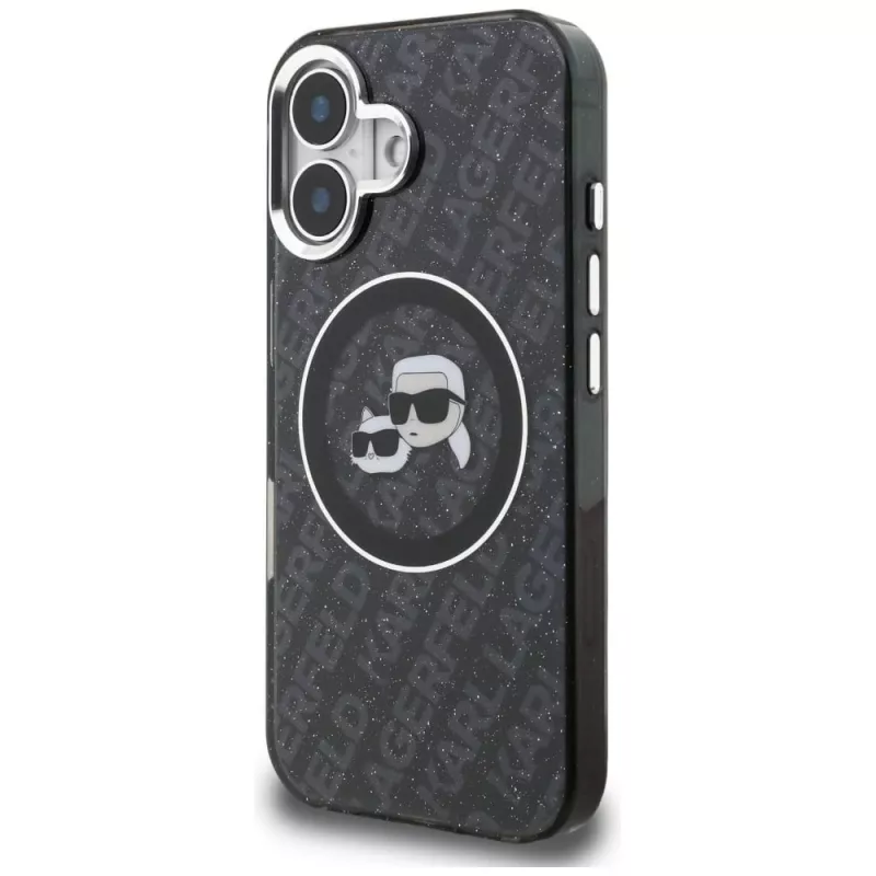 Karl Lagerfeld IML Glitter Karl & Choupette Heads Logo MagSafe Case für iPhone 16, Schwarz