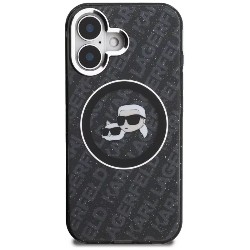 Karl Lagerfeld IML Glitter Karl & Choupette Heads Logo MagSafe Case für iPhone 16, Schwarz