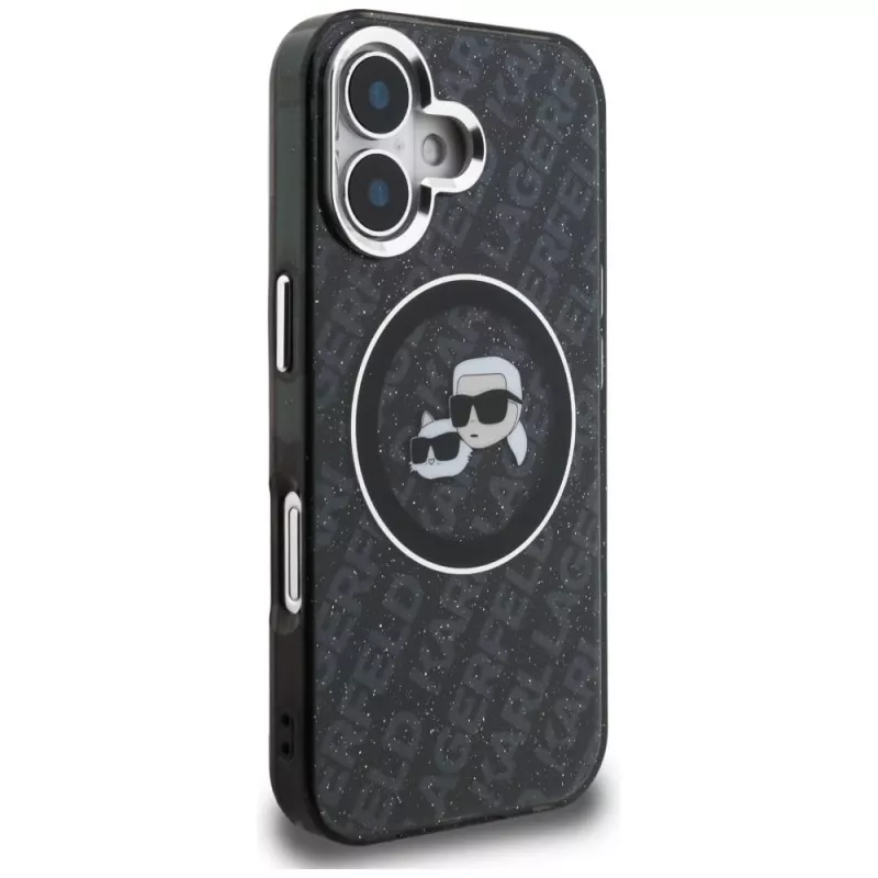 Karl Lagerfeld IML Glitter Karl & Choupette Heads Logo MagSafe Case für iPhone 16, Schwarz