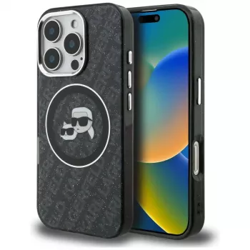 Karl Lagerfeld IML Glitter Karl & Choupette Heads Logo MagSafe Case für Apple iPhone 16 Pro, Schwarz