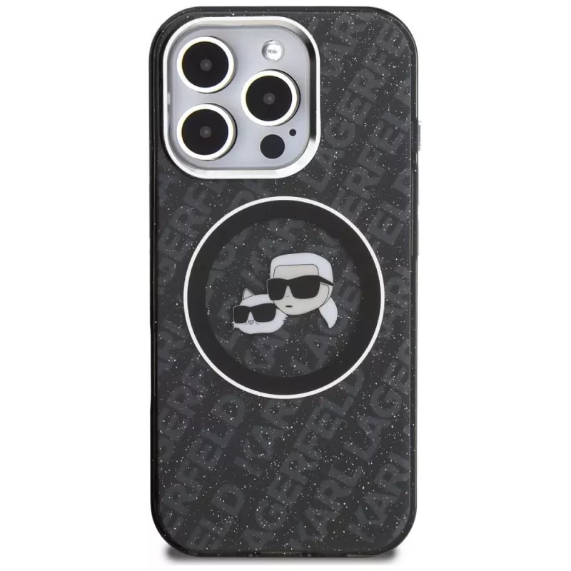 Karl Lagerfeld IML Glitter Karl & Choupette Heads Logo MagSafe Case für Apple iPhone 16 Pro, Schwarz