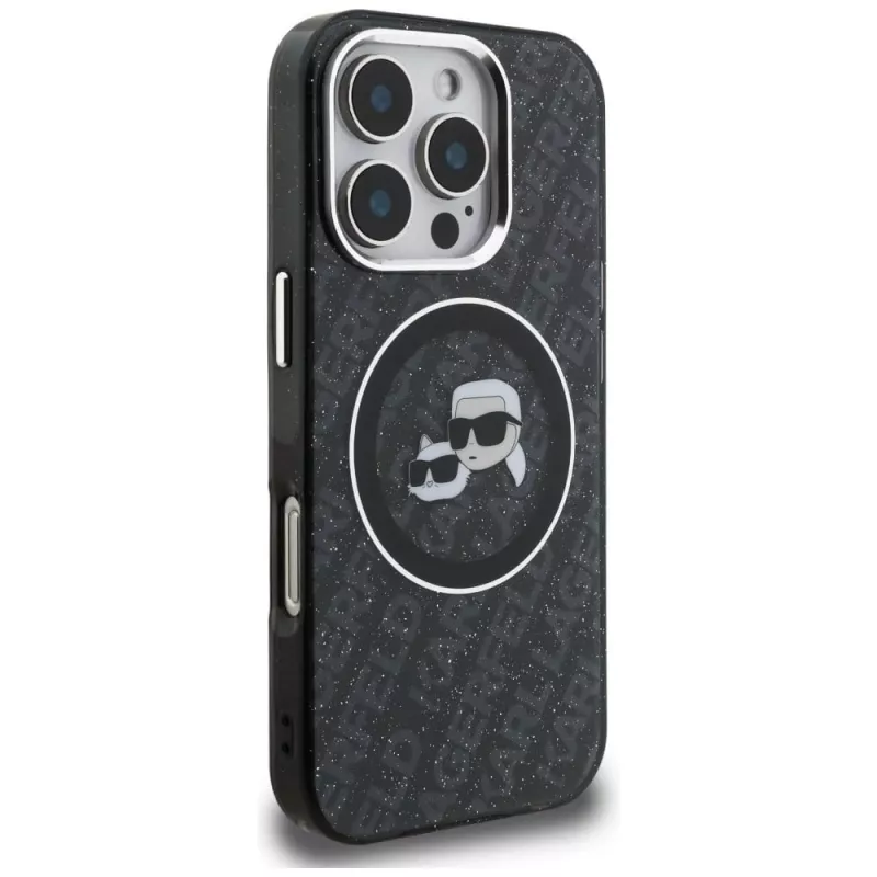 KARL LAGERFELD IML Glitter Karl & Choupette Heads Logo MagSafe Case für iPhone 16 Pro Max, Schwarz