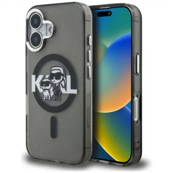KARL LAGERFELD IML Glitter Karl & Choupette Sketch Logo MagSafe Case für iPhone 16 Schwarz