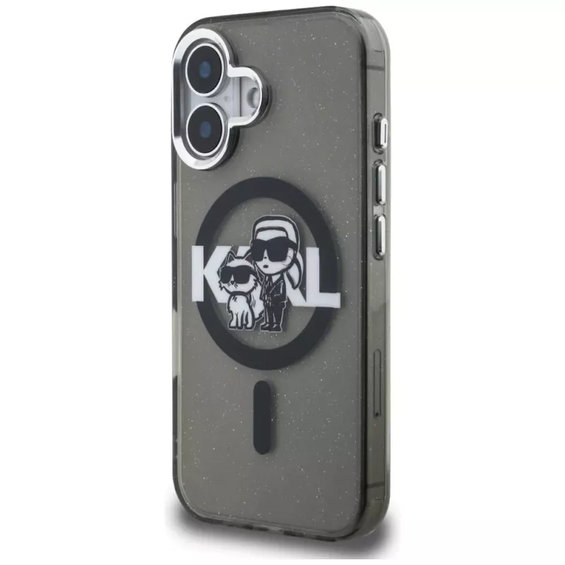 KARL LAGERFELD IML Glitter Karl & Choupette Sketch Logo MagSafe Case für iPhone 16 Schwarz