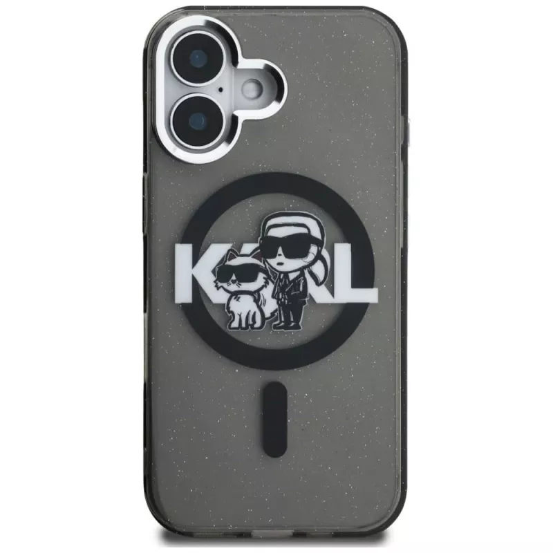 KARL LAGERFELD IML Glitter Karl & Choupette Sketch Logo MagSafe Case für iPhone 16 Schwarz