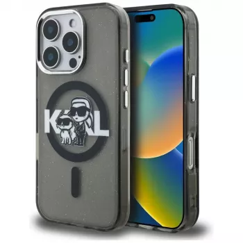 Karl Lagerfeld IML Glitter Karl & Choupette Sketch Logo MagSafe Case für iPhone 16 Pro Schwarz