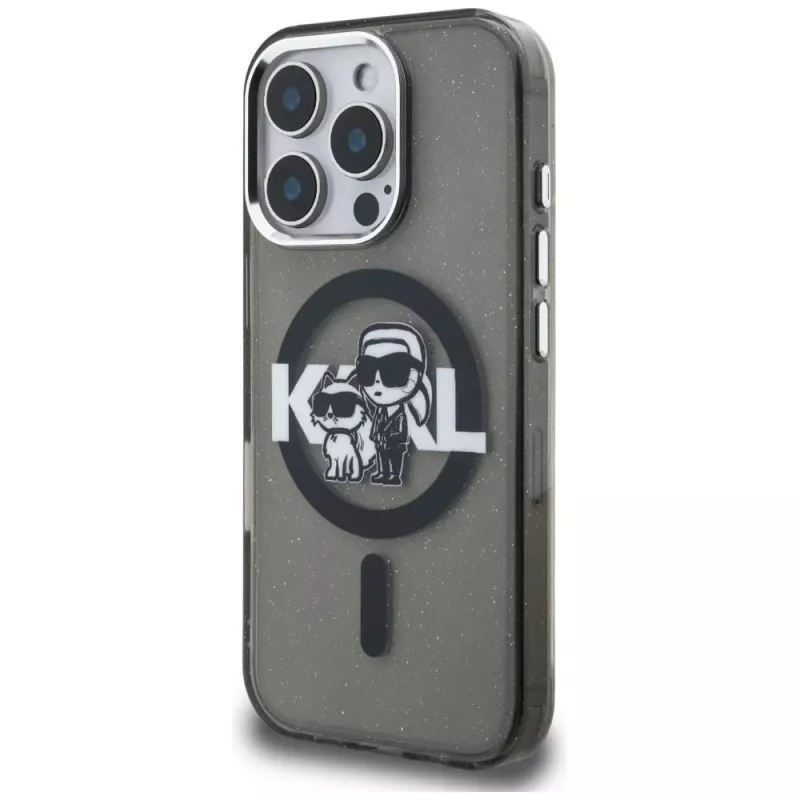 Karl Lagerfeld IML Glitter Karl & Choupette Sketch Logo MagSafe Case für iPhone 16 Pro Schwarz