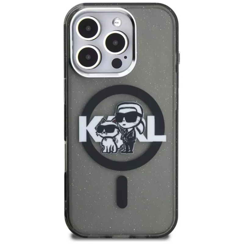 Karl Lagerfeld IML Glitter Karl & Choupette Sketch Logo MagSafe Case für iPhone 16 Pro Schwarz
