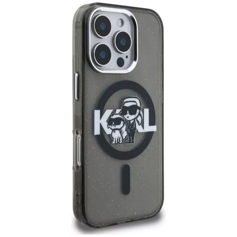 Karl Lagerfeld IML Glitter Karl & Choupette Sketch Logo MagSafe Case für iPhone 16 Pro Schwarz