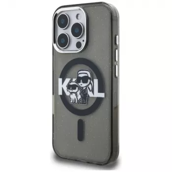 Karl Lagerfeld IML Glitter Karl & Choupette Sketch Logo MagSafe Case für iPhone 16 Pro Max Schwarz