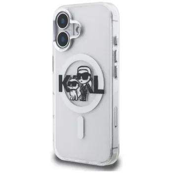 Karl Lagerfeld IML Glitter Karl & Choupette Sketch Logo MagSafe Case für iPhone 16, Transparent