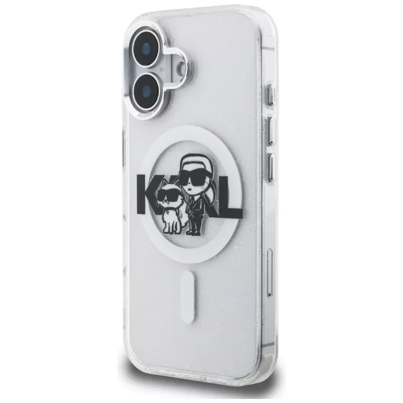 Karl Lagerfeld IML Glitter Karl & Choupette Sketch Logo MagSafe Case für iPhone 16, Transparent