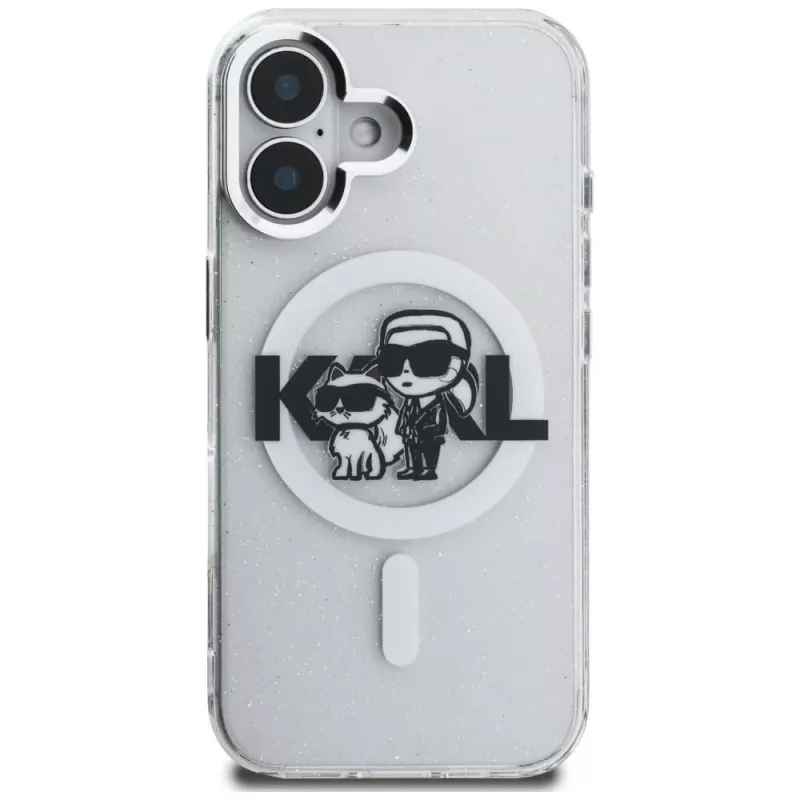 Karl Lagerfeld IML Glitter Karl & Choupette Sketch Logo MagSafe Case für iPhone 16, Transparent