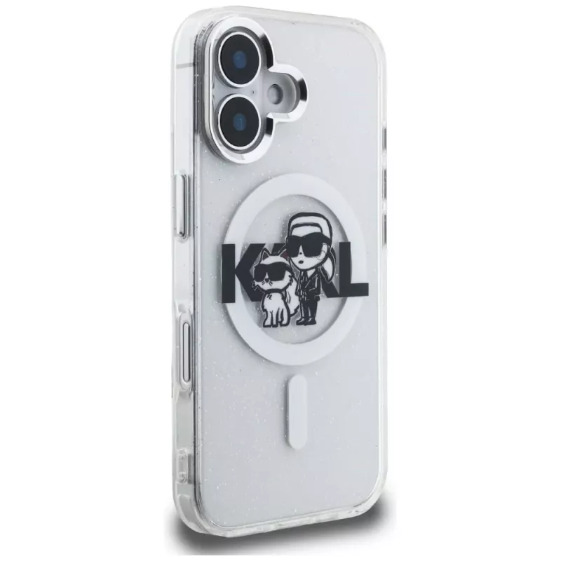 Karl Lagerfeld IML Glitter Karl & Choupette Sketch Logo MagSafe Case für iPhone 16, Transparent