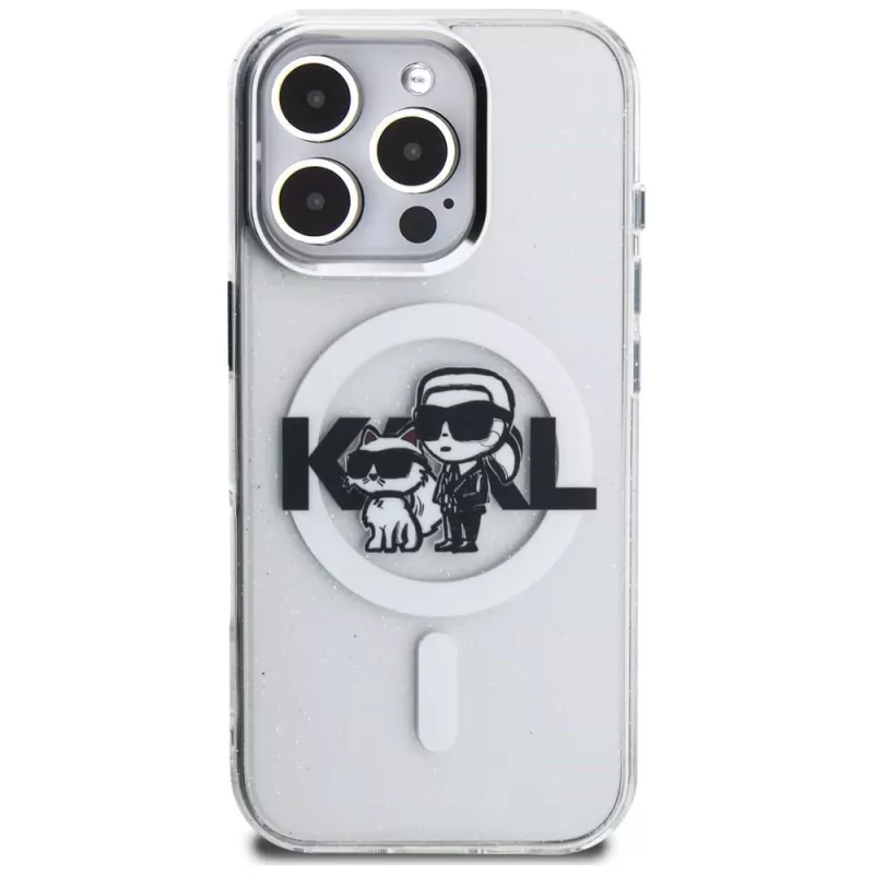 KARL LAGERFELD IML Glitter Karl & Choupette Sketch Logo MagSafe Case für iPhone 16 Pro, Transparent