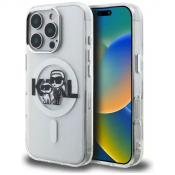 Karl Lagerfeld IML Glitter Karl & Choupette Sketch Logo MagSafe Case für iPhone 16 Pro Max Transparent