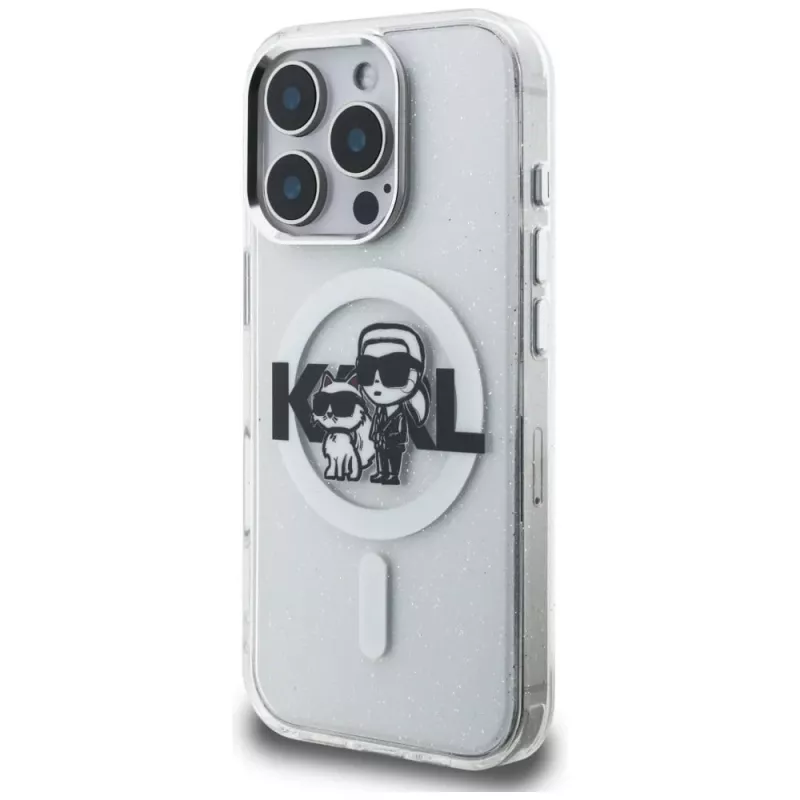 Karl Lagerfeld IML Glitter Karl & Choupette Sketch Logo MagSafe Case für iPhone 16 Pro Max Transparent